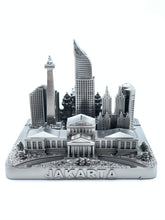 Load image into Gallery viewer, Jakarta city skyline 3D model in pewter silver on a square base