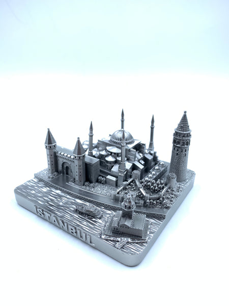 Istanbul City Skyline 3D Model Landmark Replica Square Pewter Silver 4 1/2 Inches