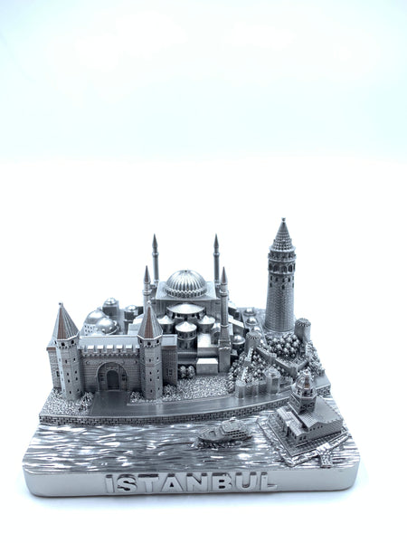 Istanbul City Skyline 3D Model Landmark Replica Square Pewter Silver 4 1/2 Inches