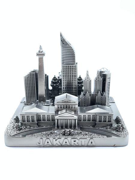 Jakarta Skyline 3D Model Landmark Replica Square Pewter Silver 4 1/2 Inches