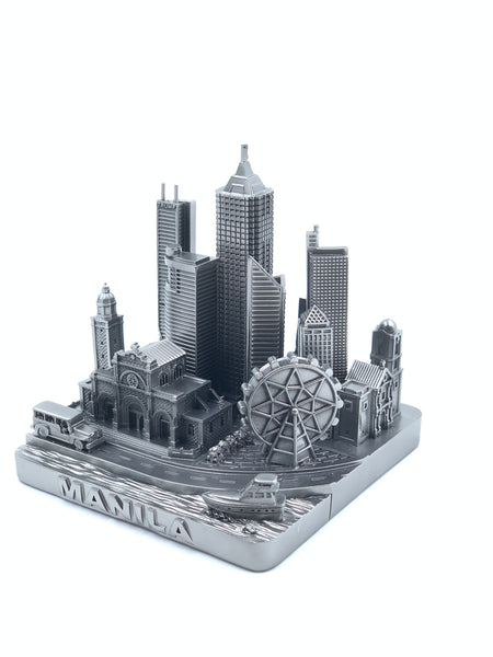 Manila City Skyline 3D Model Landmark Replica Square Pewter Silver 4 1/2 Inches